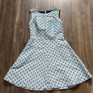 Club Monaco sleeveless shift dress in Robin egg blue and grey brocade print
